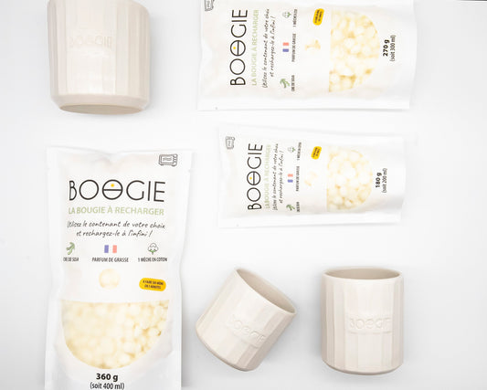Cire parfumée BOOGIE prête à couler dans différents contenants, avec plusieurs senteurs naturelles au choix