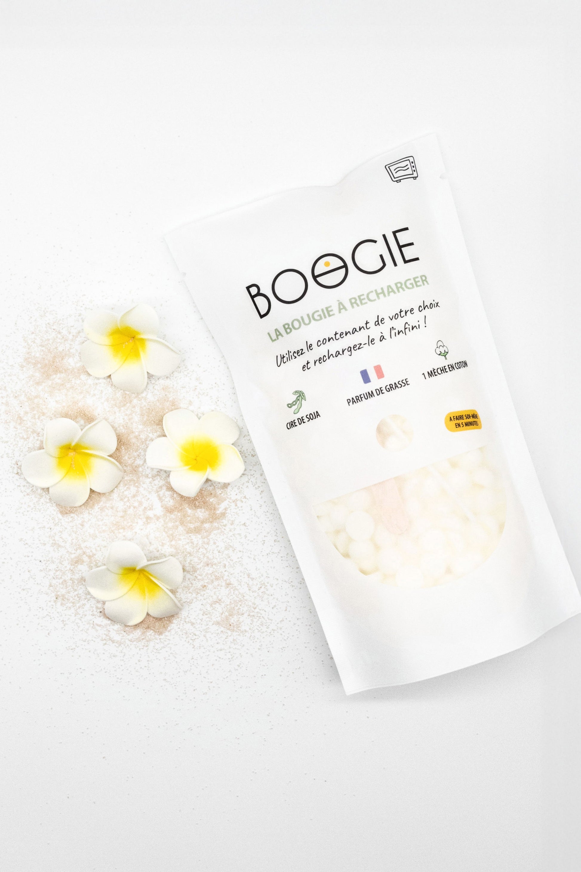 Recharge de bougie au monoï BOOGIE – Cire végétale parfumée prête à faire fondre dans un doypack recyclable