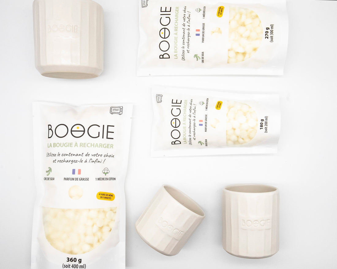 Cire parfumée BOOGIE prête à couler dans différents contenants, avec plusieurs senteurs naturelles au choix