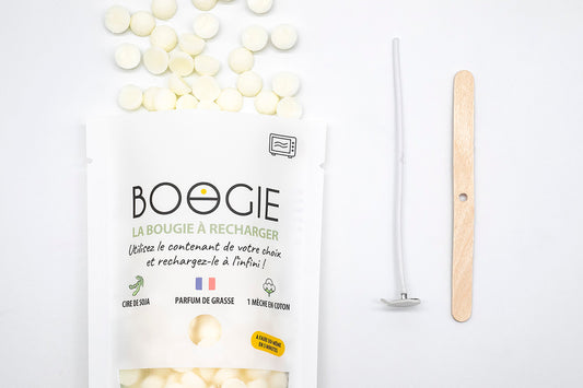 Étapes pour fabriquer une bougie naturelle à la maison sans ustensile avec le kit BOOGIE et sa recharge prête à l’emploi