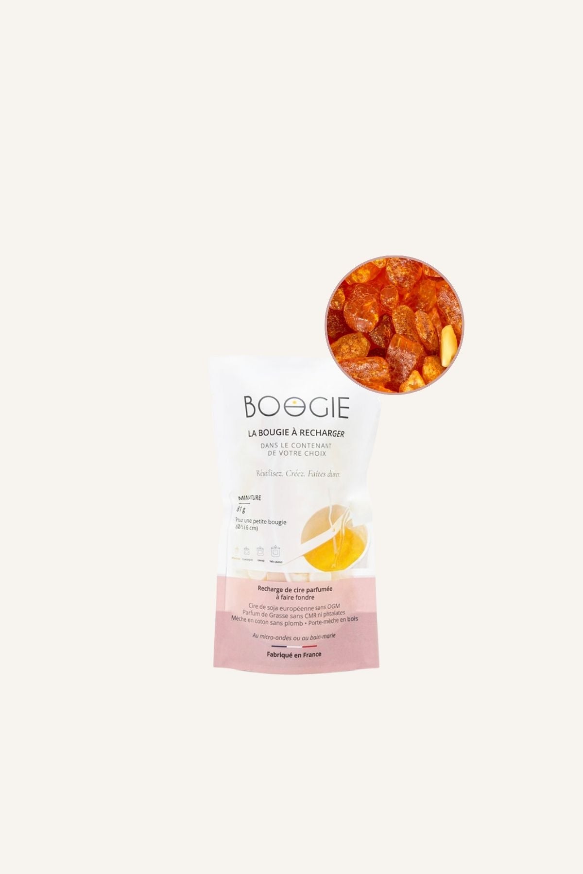 Recharge de bougie parfumée BOOGIE au parfum Ambre, format Miniature de 81 g.